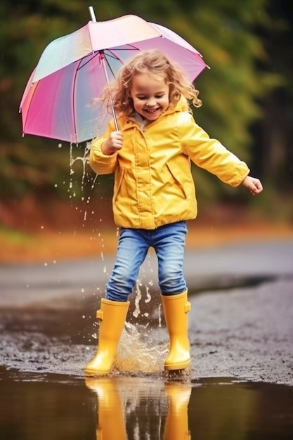 Ein kleines Kind genießt das Glück der Kindheit, indem es nach dem Regen in der Pfütze spielt