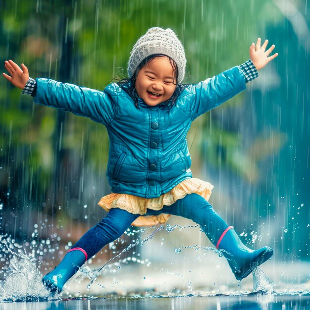 Ein kleines Kind genießt das Glück der Kindheit, indem es nach dem Regen in der Pfütze spielt