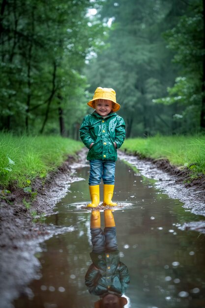 Ein kleines Kind genießt das Glück der Kindheit, indem es nach dem Regen in der Pfütze spielt