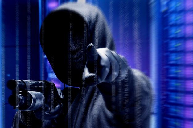 Ein krimineller Mann in einer versteckten Maske hält die Schrotflinte und zeigt auf etwas mit binärem Code-Hintergrund