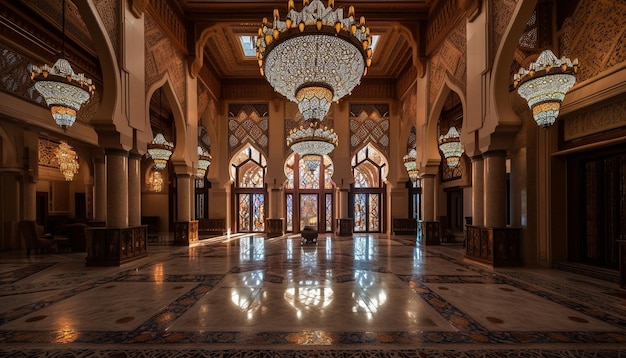 Kostenloses Foto ein kunstvoller kronleuchter beleuchtet das elegante design der majestätischen moschee, das von ki generiert wurde