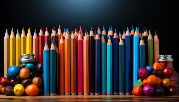 Ein lebendiger Regenbogen aus Farben auf einem Holztisch, erzeugt durch künstliche Intelligenz