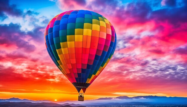 Ein lebhafter Heißluftballon schwebt mitten in der Luft und ist ein farbenfrohes, von KI generiertes Abenteuer