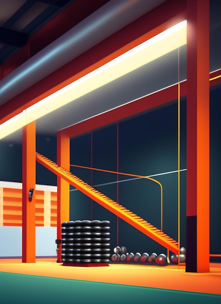 Ein leuchtend orangefarbenes Fitnessstudio mit einer Reihe von Gewichten und einer Leiter mit der Aufschrift "The Word Gym".