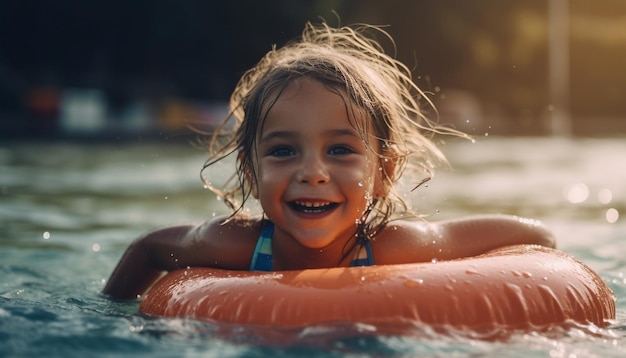Kostenloses Foto ein mädchen in einem badeanzug lächelt, als sie in einem fluss schwimmt.