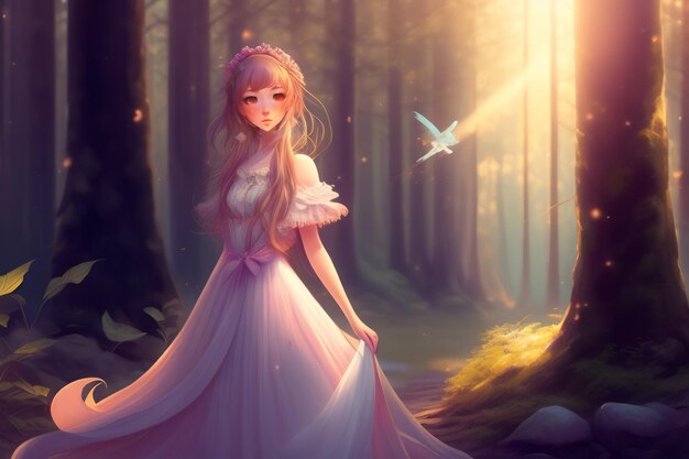 Ein Mädchen in einem rosa Kleid steht in einem Wald, im Hintergrund fliegt ein Vogel.