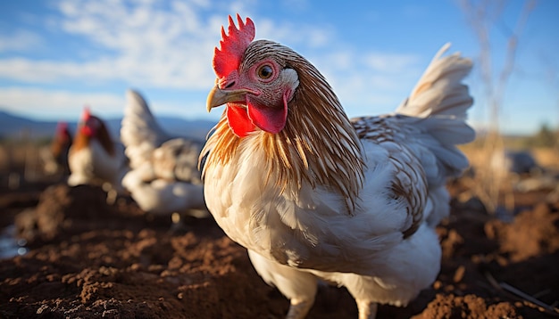 Ein majestätischer Hahn steht auf einer sonnigen Farm und strahlt Vitalität aus, die durch künstliche Intelligenz erzeugt wird
