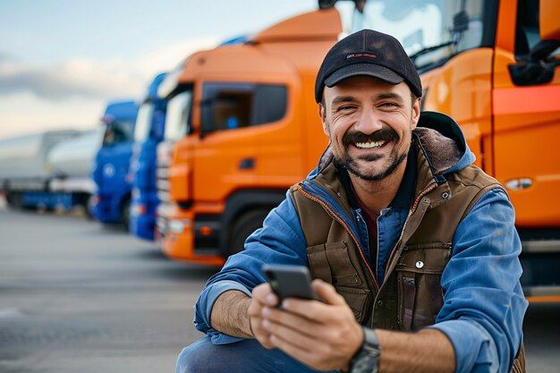 Ein Mann, der als LKW-Fahrer posiert