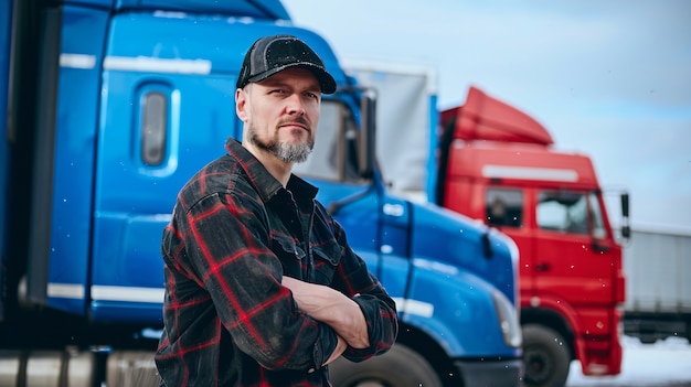 Ein Mann, der als LKW-Fahrer posiert