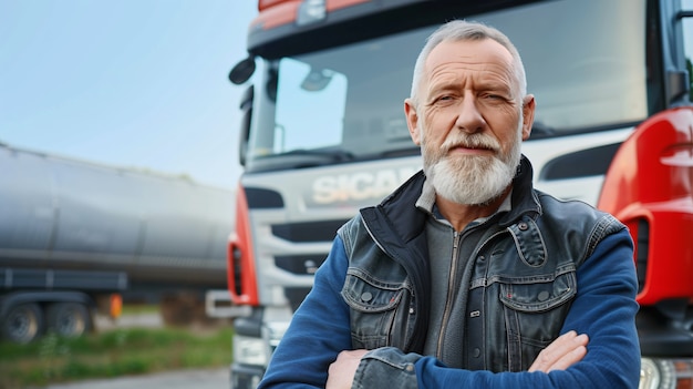 Ein Mann, der als LKW-Fahrer posiert