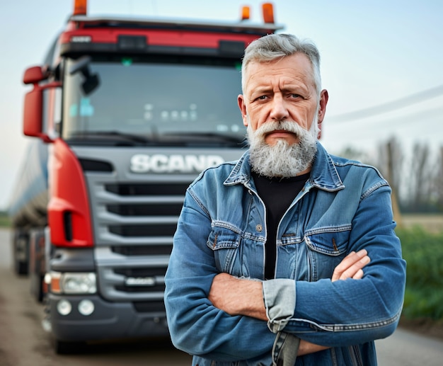 Ein Mann, der als LKW-Fahrer posiert