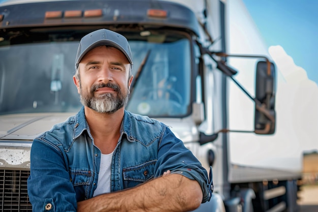 Ein Mann, der als LKW-Fahrer posiert