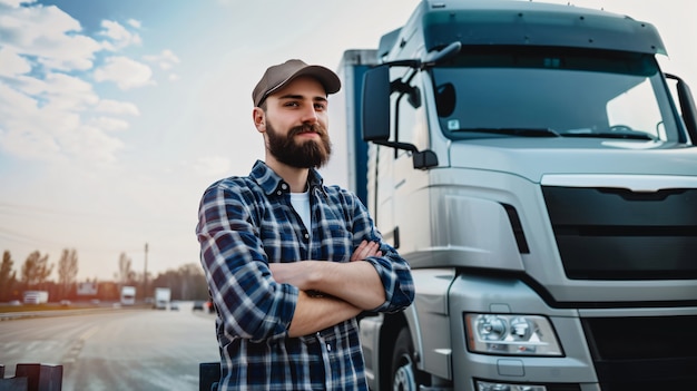 Ein Mann, der als LKW-Fahrer posiert