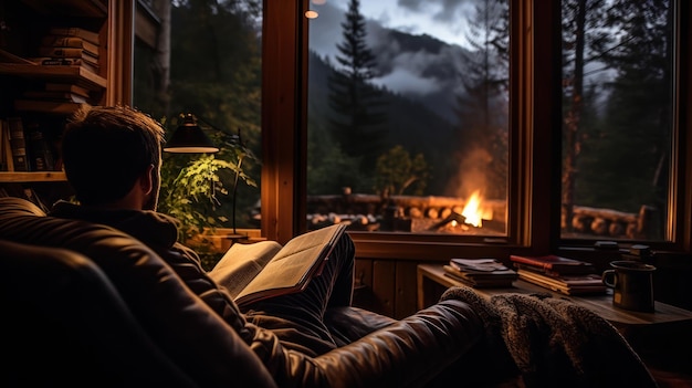 Kostenloses Foto ein mann, der sich mit einem buch an einem hüttenfenster entspannt