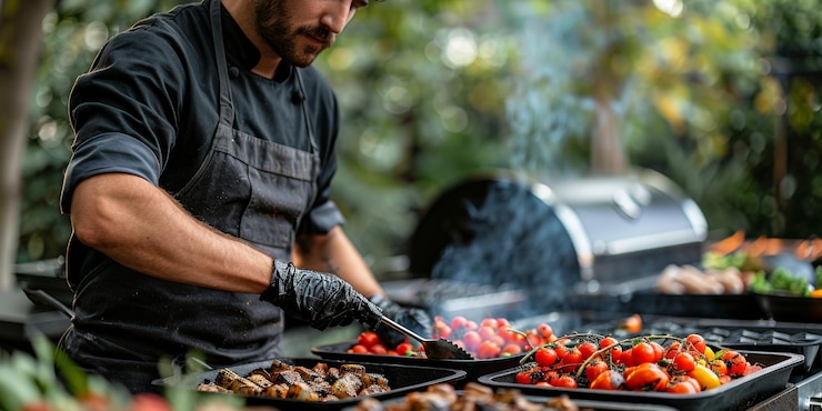 Kostenlose Foto ein mann grillt draußen auf einem grill und bereitet eine mahlzeit vor