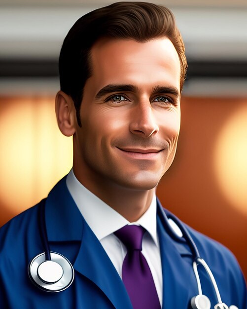 Ein Mann in einem blauen Mantel mit einem Stethoskop um den Hals.