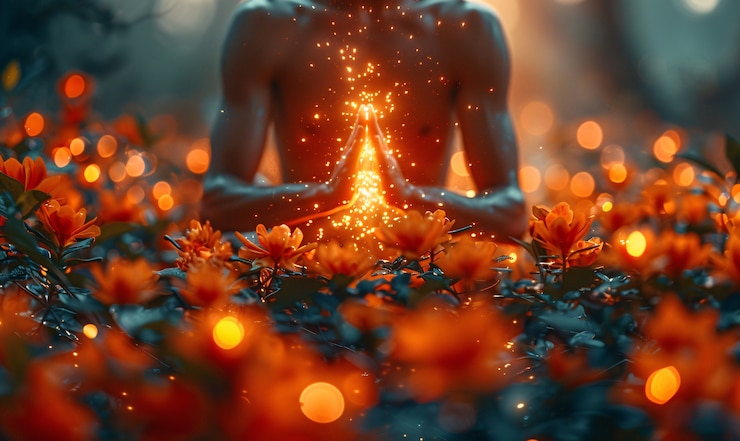 Kostenlose Foto ein mann in einer fantasie, der yoga und achtsamkeitsmeditation übt
