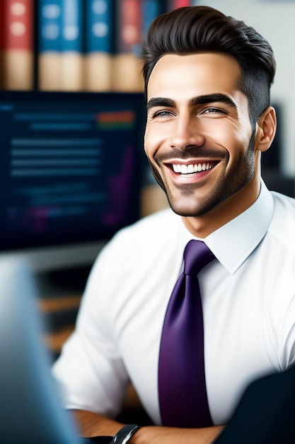 Ein Mann in Hemd und Krawatte lächelt in die Kamera, während er vor einem Computerbildschirm sitzt.