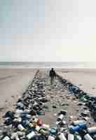 Kostenloses Foto ein mann läuft am strand durch den müll