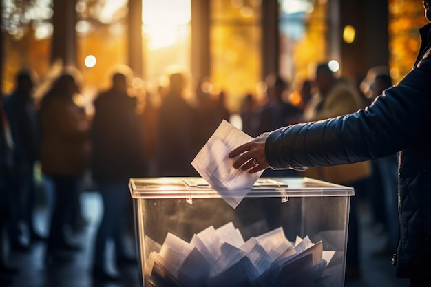 Kostenloses Foto ein mann legt einen stimmzettel in eine wahlurne. nahaufnahme der abstimmung und der wahl der kandidaten, die die rechte verteidigen.