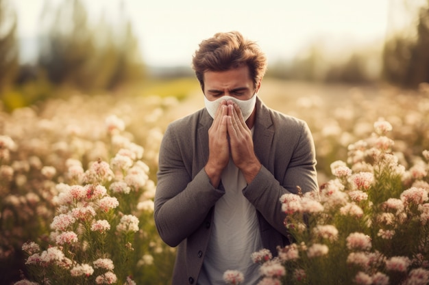 Kostenloses Foto ein mann leidet an allergien, weil er draußen blütenpollen ausgesetzt ist.