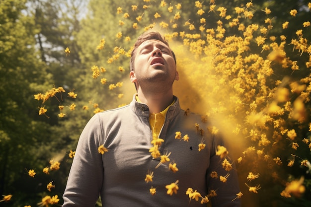 Kostenloses Foto ein mann leidet an allergien, weil er draußen blütenpollen ausgesetzt ist.