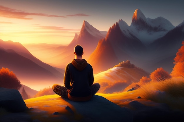 Ein Mann meditiert vor einer Berglandschaft.