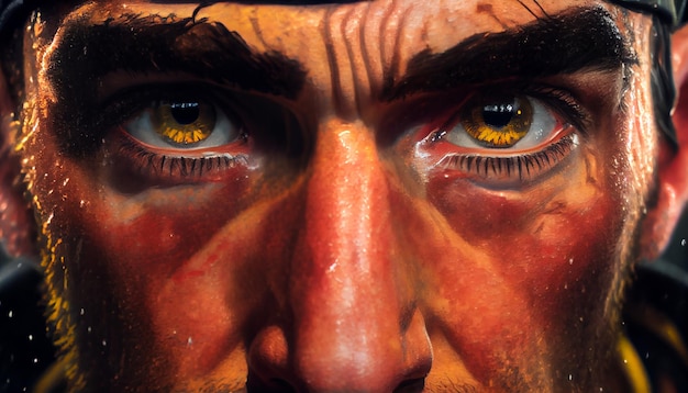 Ein Mann mit einem gelben Auge und einem schwarzen Hut mit einem roten Fleck auf der linken Seite.