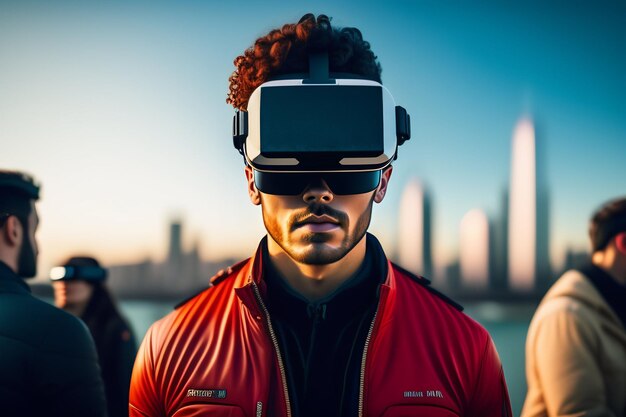 Ein Mann mit vr-Headset steht vor der Skyline einer Stadt.