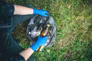 Kostenloses Foto ein mann räumt den wald auf und wirft eine flasche in einen müllsack