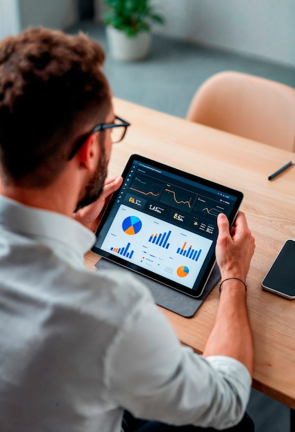 Ein Mann schaut sich eine Tablette an, auf der das Graph-Graph steht.