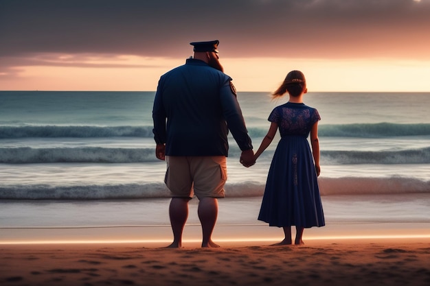 Ein Mann und eine Frau stehen Händchen haltend am Strand und blicken auf das Meer.