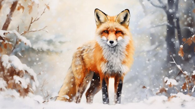 Ein minimalistisches Aquarellgemälde mit einem Fuchs im Winterstil