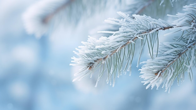 Ein mit Frost bedeckter Kieferzweig streckt seine schneebedeckten Nadeln von der Seite aus und kontrastiert mit dem Winterhimmel