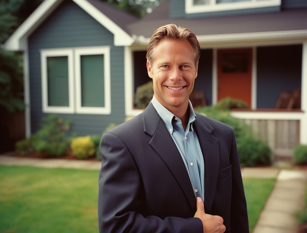 Kostenloses Foto ein mittelgroßer mann, der als immobilienmakler arbeitet.