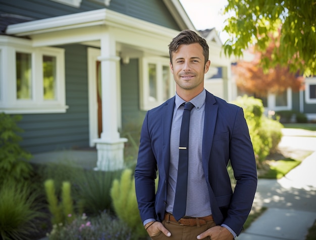 Kostenloses Foto ein mittelgroßer mann, der als immobilienmakler arbeitet.