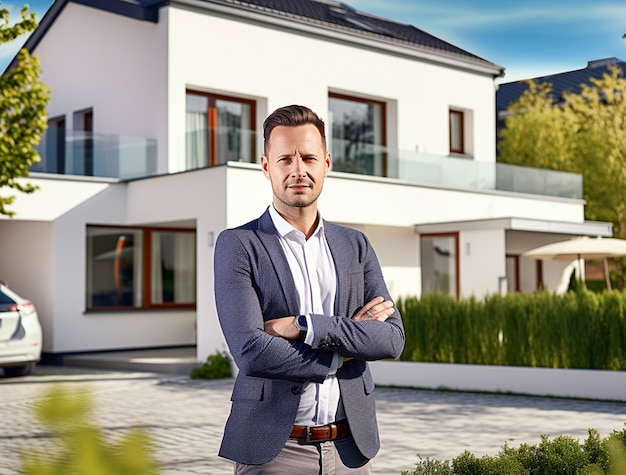 Kostenloses Foto ein mittelgroßer mann, der als immobilienmakler arbeitet.