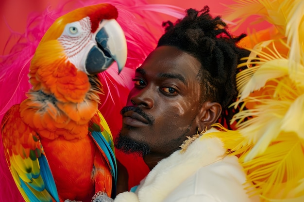 Kostenloses Foto ein mittelgroßer mann posiert mit einem papagei