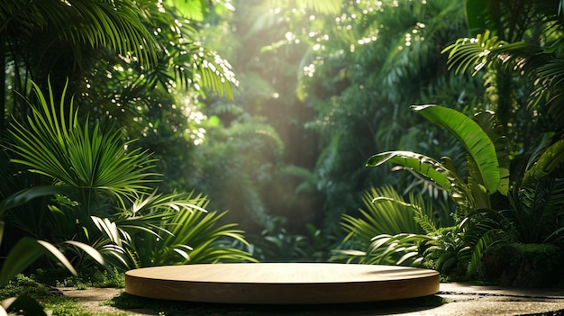 Ein modernes Podium für Produktdesign vor der Kulisse eines tropischen Waldes