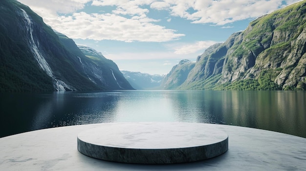 Ein modernes Podium für Produktdesign vor der Kulisse wunderschöner Fjorde