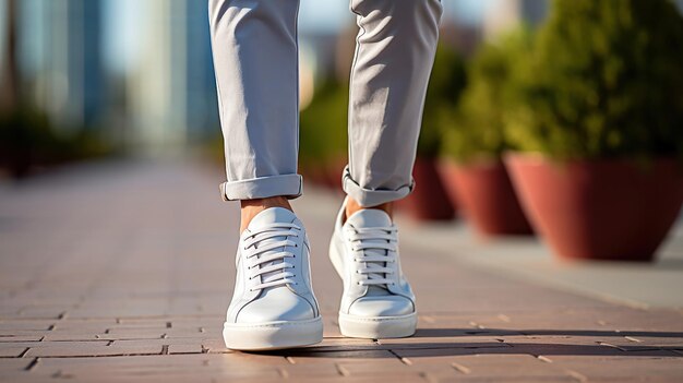 Ein modischer Kerl ergänzt seine blauen Hosen mit weißen Turnschuhen