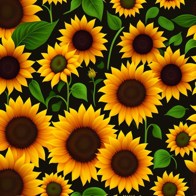 Ein Muster aus Sonnenblumen mit grünen Blättern auf schwarzem Hintergrund.