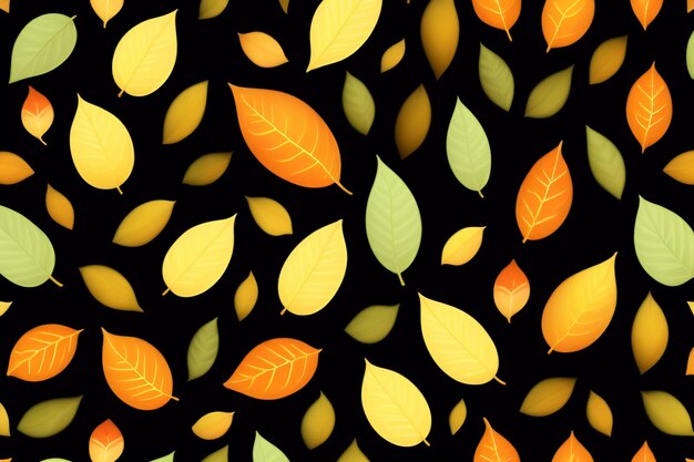 Ein nahtloses Muster mit gelben und grünen Blättern auf schwarzem Hintergrund.