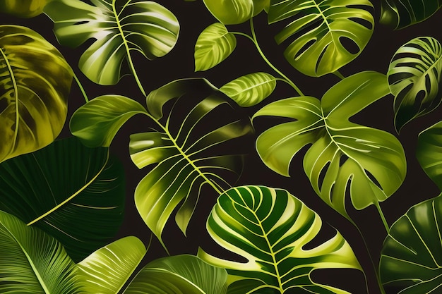 Ein nahtloses Muster mit tropischen Blättern auf dunklem Hintergrund