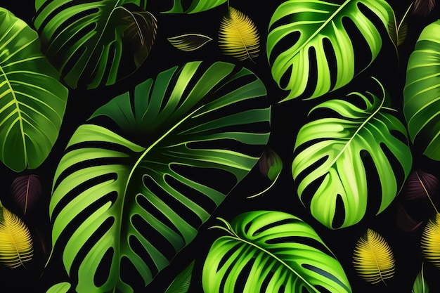Ein nahtloses Muster tropischer Pflanzen mit grünen Blättern auf schwarzem Hintergrund