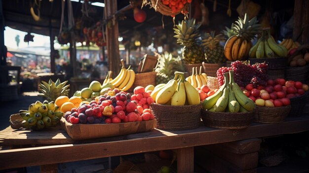 Ein Obstmarkt mit Ständen und Kunden