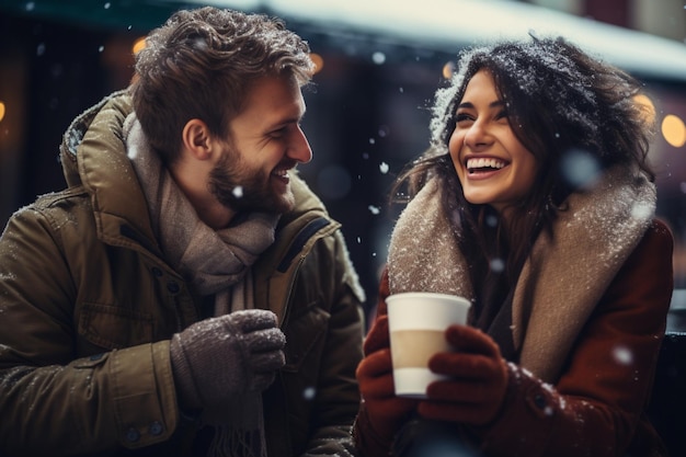 Ein Paar amüsiert sich und trinkt Kaffee im Winter bei kaltem Wetter