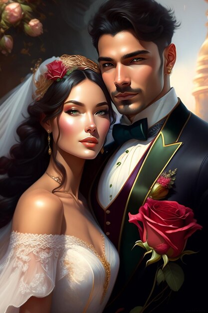 Ein Paar in einem Hochzeitskleid mit einer Blume auf der Stirn