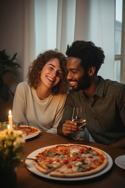 Ein Paar in mittlerer Aufnahme isst köstliche Pizza