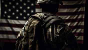 Kostenloses Foto ein patriotischer soldat grüßt die von der ki generierte amerikanische flagge